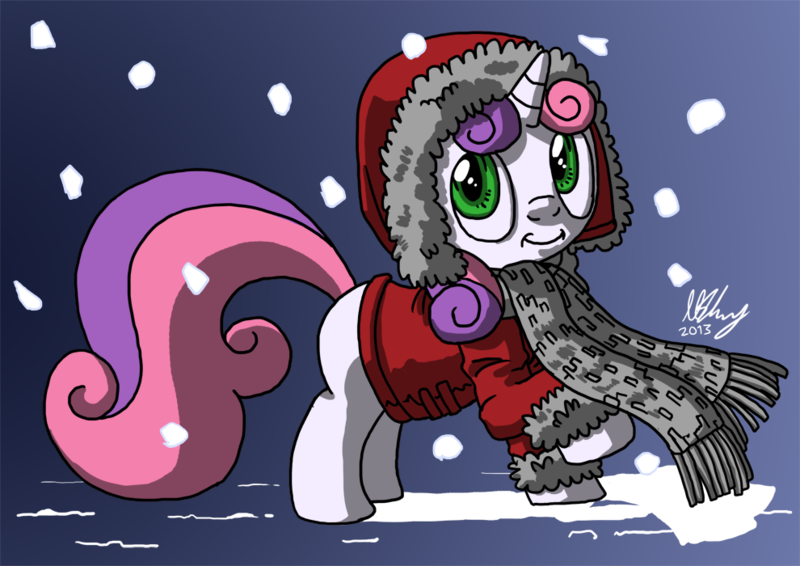 Size: 990x700 | Tagged: artist:projectzuel, clothes, coat, derpibooru import, safe, scarf, snow, snowfall, solo, sweetie belle