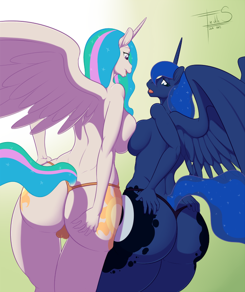 Size: 630x750 | Tagged: anthro, artist:freckles, ass, big breasts, breasts, busty princess celestia, busty princess luna, butt, cameltoe, clothes, derpibooru import, female, moonbutt, panties, partial nudity, plot pair, princess celestia, princess luna, questionable, sunbutt, symmetrical docking, thong, topless, underwear, wide hips