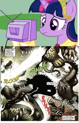 Size: 444x684 | Tagged: safe, derpibooru import, idw, twilight sparkle, twilight sparkle (alicorn), alicorn, kaiju, pony, anguirus, female, gigan, godzilla (series), godzilla legends, king ghidorah, mare, the underdog