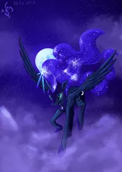 Size: 2480x3508 | Tagged: dead source, safe, artist:dalagar, derpibooru import, princess luna, alicorn, pony, armor, female, flying, mare, moon, night, solo, stars