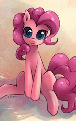 Size: 950x1500 | Tagged: artist:katiramoon, derpibooru import, looking at you, pinkie pie, safe, sitting, smiling, solo, staring into your soul