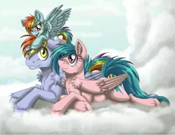 Size: 1024x796 | Tagged: safe, artist:inuhoshi-to-darkpen, derpibooru import, firefly, rainbow blaze, rainbow dash, pegasus, pony, cloud, crossed hooves, family, female, filly, filly rainbow dash, fireblaze, firefly as rainbow dash's mom, foal, g1, g1 to g4, g4, generation leap, lying on a cloud, male, mare, on a cloud, parent, shipping, straight, trio, unshorn fetlocks, younger