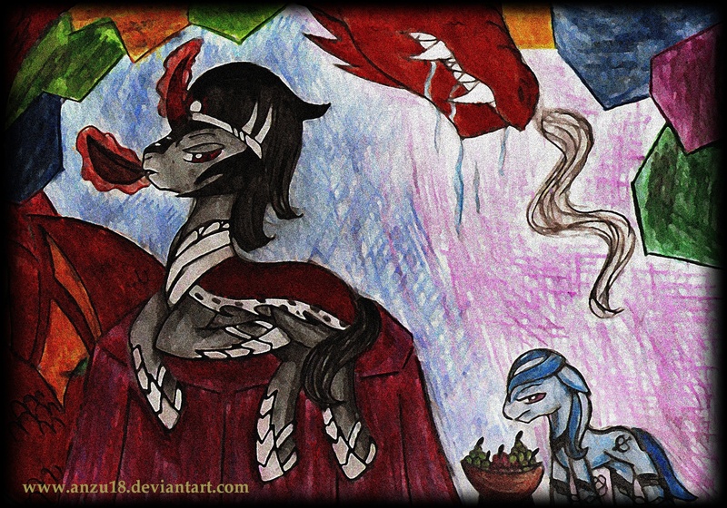 Size: 2338x1636 | Tagged: safe, artist:rossmaniteanzu, derpibooru import, king sombra, crystal pony, dragon, pony, crystal empire, slave, traditional art