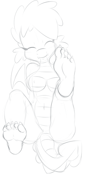 Size: 514x1046 | Tagged: anthro, anthro oc, artist:sweethd, barbie doll anatomy, barefoot, breasts, cute, derpibooru import, dragon, featureless crotch, feet, female, fetish, foot fetish, happy, monochrome, nipples, nudity, oc, oc:dragon dip, plantigrade anthro, questionable, simple background, sketch, smiling, soles, solo, solo female, toes, unofficial characters only, wip