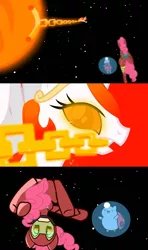 Size: 1280x2160 | Tagged: safe, artist:tiarawhy, derpibooru import, pinkie pie, princess celestia, alicorn, earth pony, pony, catbug, iron man, space, sun, youtube link