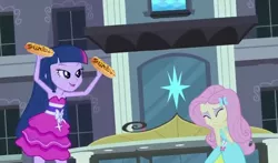 Size: 716x421 | Tagged: safe, derpibooru import, edit, edited screencap, screencap, fluttershy, twilight sparkle, equestria girls, equestria girls (movie), chili dog, chilli, duo, faic, food, gee bill, hot dog, jazz hands, meat, sausage