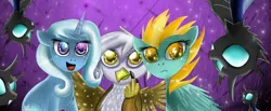 Size: 3000x1234 | Tagged: safe, artist:ladymonotone, derpibooru import, gilda, lightning dust, trixie, changeling, gryphon