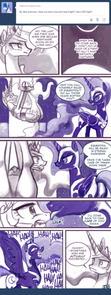 Size: 500x1324 | Tagged: dead source, suggestive, artist:johnjoseco, derpibooru import, nightmare moon, princess celestia, alicorn, pony, ask gaming princess luna, ask princess molestia, princess molestia, ballgag, bondage, butt, comic, female, femsub, gag, image, lunaughty, lusty luna, mooncest, plot, png, sexy, stupid sexy nightmare moon, sublestia, submissive