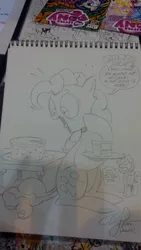 Size: 1024x1816 | Tagged: applejack, artist:andypriceart, cake, derpibooru import, food, idw, little tongue, pinkie pie, safe, traditional art