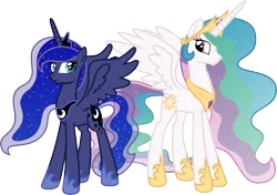 Size: 11959x8434 | Tagged: safe, artist:nonamepaper, artist:thebrokencog, derpibooru import, princess celestia, princess luna, alicorn, pony, absurd resolution, hoof shoes, simple background, smiling, transparent background, vector