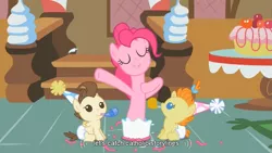 Size: 853x480 | Tagged: safe, derpibooru import, edit, edited screencap, screencap, pinkie pie, pound cake, pumpkin cake, pony, baby cakes, baby, baby pony, cake, caption, catholicism, colt, diaper, female, filly, foal, food, hat, male, meme, party hat, party horn, youtube caption