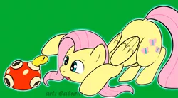 Size: 1200x661 | Tagged: artist:caluriri, blushing, crossover, derpibooru import, fluttershy, pokémon, safe, shuckle