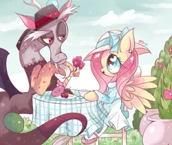 Size: 900x758 | Tagged: safe, artist:ipun, derpibooru import, discord, fluttershy, clothes, discoshy, dress, drink, female, flower, food, hat, male, shipping, straight, table, tea party, trilby