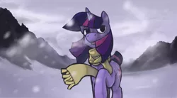 Size: 1546x852 | Tagged: artist:enma-darei, clothes, derpibooru import, safe, scarf, snow, snowfall, solo, twilight sparkle