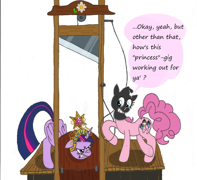 Size: 1700x1554 | Tagged: safe, artist:neustrasbourg, derpibooru import, pinkie pie, twilight sparkle, twilight sparkle (alicorn), alicorn, pony, big crown thingy, element of magic, execution, face down ass up, female, guillotine, imminent death, imminent decapitation, jewelry, mare, mask, regalia, unamused