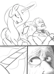 Size: 678x924 | Tagged: artist:okiedokielowkey, comic, derpibooru import, human, monochrome, princess celestia, psychiatry, psychology, safe, sigmund freud, wingless