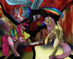 Size: 900x720 | Tagged: grimdark, artist:phenoxfire, derpibooru import, fluttershy, pinkie pie, rainbow dash, pegasus, pony, .mov, fanfic:cupcakes, fanfic:rainbow factory, shed.mov, axe, bipedal, blood, chainsaw, female, mare, weapon