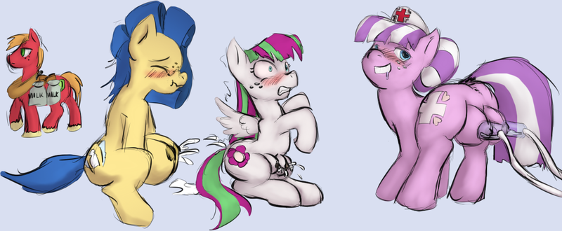 Size: 1215x501 | Tagged: questionable, artist:cybermananon, derpibooru import, big macintosh, blossomforth, nurse sweetheart, oc, oc:milky way, earth pony, pony, anus, bedroom eyes, big crotchboobs, blushing, breast milk, butt, crotchboobs, drool, eyes closed, female, freckles, grin, gritted teeth, hat, huge crotchboobs, hyper lactation, impossibly large crotchboobs, lactation, leaking, looking back, male, mare, milk, milk bottle, milk squirt, milking, milking machine, nipples, nudity, plot, puddle, scrunchy face, simplistic anus, sitting, smiling, stallion, weaponized boobs, weaponized crotchboobs, wide eyes
