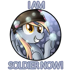 Size: 500x500 | Tagged: safe, artist:tina-chan, derpibooru import, edit, derpy hooves, pegasus, pony, caption, derpy soldier, female, image macro, mare, rubberfruit, smiling, soldier, solo, team fortress 2, text