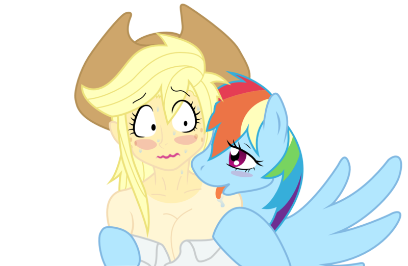 Size: 1500x978 | Tagged: questionable, artist:dj-black-n-white, derpibooru import, rainbow dash, oc, oc:cinnamon cider, human, satyr, blushing, breasts, ciderdash, cleavage, colored, female, humanized, interspecies, lesbian, licking, offspring, parent:applejack, satyr on pony action, sweat, tongue out