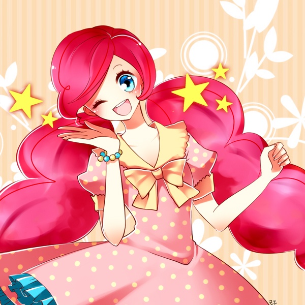 Size: 600x600 | Tagged: alternate hairstyle, artist:lamidien, bow, clothes, cute, derpibooru import, diapinkes, dress, female, human, humanized, looking at you, one eye closed, open mouth, pigtails, pinkie pie, safe, solo, stars, wink