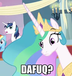 Size: 682x720 | Tagged: safe, derpibooru import, edit, edited screencap, screencap, princess celestia, rainbow dash, shining armor, alicorn, pony, a canterlot wedding, season 2, caption, cropped, dafuq, female, mare, offscreen character, reaction image, semi-vulgar