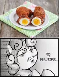 Size: 540x700 | Tagged: bacon, bacon and eggs, breakfast, deep fried, derpibooru import, egg (food), exploitable meme, food, meat, meme, plate, safe, sweetie belle, that is beautiful, what has science done