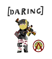 Size: 1936x2191 | Tagged: safe, artist:jewelsfriend, derpibooru import, daring do, pony, bipedal, borderlands, borderlands 2, crossover, gun, roland, soldier, solo, weapon