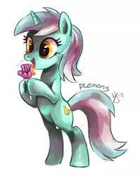 Size: 599x751 | Tagged: safe, artist:ieatedaunicorn, artist:purplelemons, derpibooru import, lyra heartstrings, pony, unicorn, bipedal, candy, food, hand, licking, lollipop, simple background, solo, standing, tongue out, white background