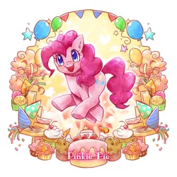 Size: 800x800 | Tagged: safe, artist:tatugon, derpibooru import, pinkie pie, earth pony, pony, balloon, cake, colored pupils, cupcake, cute, diapinkes, female, food, hat, heart eyes, mare, muffin, open mouth, party hat, solo, stars, streamers, wingding eyes