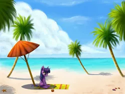 Size: 2000x1500 | Tagged: dead source, safe, artist:polkin, derpibooru import, twilight sparkle, pony, unicorn, beach, book, cloud, coconut, coconut tree, drink, female, food, mare, ocean, palm tree, reading, solo, tree, umbrella, unicorn twilight