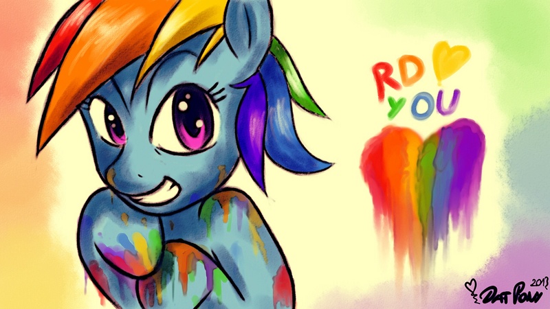 Size: 1920x1080 | Tagged: safe, artist:datponypl, derpibooru import, rainbow dash, pegasus, pony, heart, liquid rainbow, looking at you, messy, paint on fur, solo, text, wallpaper