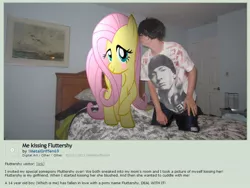 Size: 920x690 | Tagged: artist:metalgriffen69, bed, blushing, brony, derpibooru import, deviantart, eminem, female, fluttershy, human, irl, irl human, kissing, male, photo, photoshop, safe, seems legit, straight, text, wat, why, why sid why, wtf
