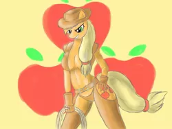 Size: 1024x768 | Tagged: absolute cleavage, anthro, applejack, artist:magdalene-cross, breasts, busty applejack, chaps, cleavage, clothes, derpibooru import, female, gloves, rope, solo, solo female, suggestive