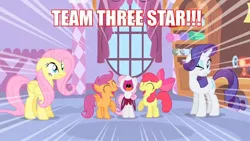 Size: 1280x720 | Tagged: apple bloom, cape, caption, clothes, cmc cape, cutie mark crusaders, derpibooru import, dragonball z abridged, edit, edited screencap, image macro, open mouth, safe, scootaloo, screencap, stare master, sweetie belle, teamfourstar, team three star, text, yelling