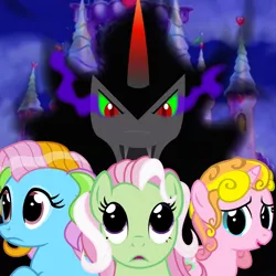 Size: 800x800 | Tagged: artist:violetclm, derpibooru import, fanfic, fanfic art, fanfic cover, g3, g3 to g4, generation leap, king sombra, minty, rainbow dash, rainbow dash (g3), rarity, safe, umbrum