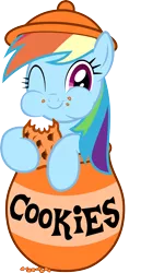 Size: 3029x5865 | Tagged: safe, artist:filpapersoul, derpibooru import, rainbow dash, pegasus, pony, cookie, cookie jar, cookie jar pony, cute, eating, food, hoof hold, looking at you, one eye closed, puffy cheeks, simple background, smiling, solo, transparent background, vector, wink