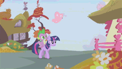 Size: 480x270 | Tagged: safe, artist:superedit, derpibooru import, edit, edited screencap, screencap, spike, twilight sparkle, butterfly, dragon, pony, unicorn, fall weather friends, animated, butterflies in stomach, chomp, dragons riding ponies, duo, eaten alive, eating, featured image, female, gif, image, male, mare, nom, omnivore twilight, predation, raised hoof, riding, smiling, soft vore, talking, the great and powerful superedit, twipred, unicorn twilight, vore, walking