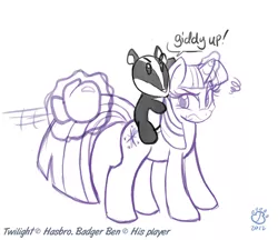Size: 1614x1394 | Tagged: safe, artist:badgerben, derpibooru import, twilight sparkle, badger, pony, unicorn, annoyed, boxing glove, female, frown, giddy up, looking back, magic, mare, riding, this will end in pain