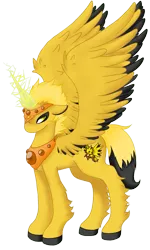 Size: 961x1600 | Tagged: safe, artist:mondlichtkatze, derpibooru import, ponified, alicorn, pony, zapdos, alicornified, horn, peytral, pokémon, race swap, simple background, solo, sparking horn, spread wings, transparent background, wings