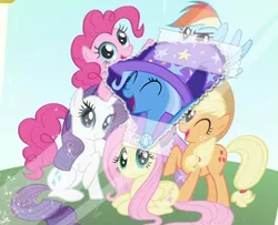Size: 790x640 | Tagged: safe, derpibooru import, edit, applejack, fluttershy, pinkie pie, rainbow dash, rarity, trixie, twilight sparkle, pony, alternate mane six, bad idea, eyes closed, group shot, looking at you, mane six, mane six opening poses, one eye closed, open mouth, prone, sitting, smiling, tape