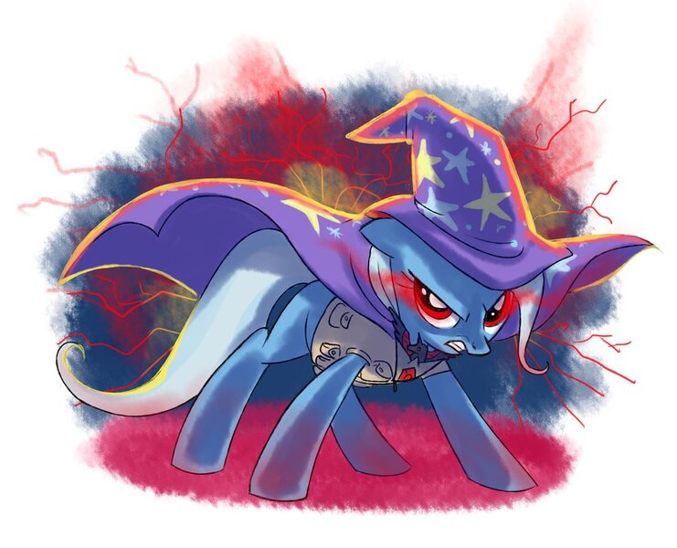 Size: 993x804 | Tagged: safe, artist:yulyeen, derpibooru import, trixie, pony, unicorn, alicorn amulet, cape, clothes, female, glowing eyes, hat, mare, solo, trixie's cape, trixie's hat, vest