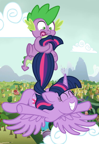 Size: 1600x2317 | Tagged: safe, artist:mlpegasis4898, derpibooru import, spike, twilight sparkle, twilight sparkle (alicorn), alicorn, pony, falling, female, mare, ponyville