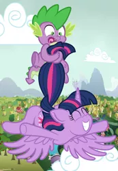 Size: 1600x2317 | Tagged: safe, artist:mlpegasis4898, derpibooru import, spike, twilight sparkle, twilight sparkle (alicorn), alicorn, pony, falling, female, mare, ponyville