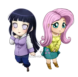 Size: 800x786 | Tagged: anime, artist:pia-sama, chibi, clothes, crossover, derpibooru import, duo, fluttershy, human, humanized, hyuuga hinata, naruto, safe, sweater, sweatershy