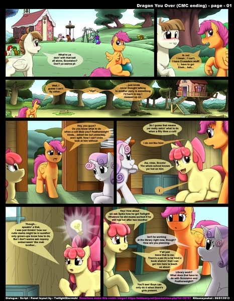 Size: 1165x1500 | Tagged: apple bloom, artist:kitsuneyoukai, comic, comic:dragon you over, cutie mark crusaders, derpibooru import, featherweight, female, male, safe, scootaloo, scootaweight, shipping, straight, sweetie belle, the ride never ends