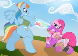 Size: 1280x922 | Tagged: safe, artist:badgerben, derpibooru import, pinkie pie, rainbow dash, anthro, earth pony, pegasus, unguligrade anthro, ass, bipedal, breasts, butt, cleavage, cupcake, female, food, guile, mileena, mortal kombat, pinkamena diane pie, plot, rainbutt dash, sonic boom, street fighter