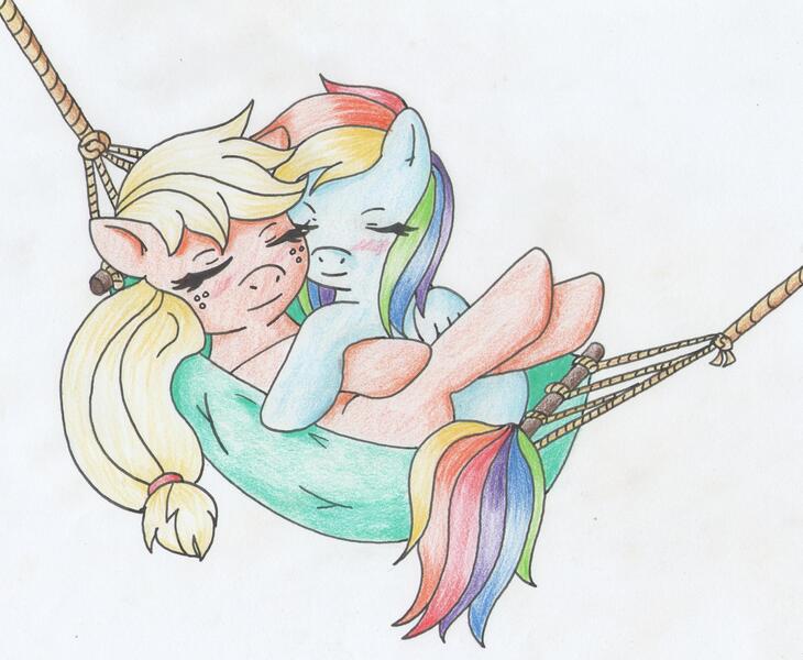 Size: 2621x2153 | Tagged: safe, artist:warumono1989, derpibooru import, applejack, rainbow dash, appledash, female, hammock, lesbian, shipping, sleeping, traditional art