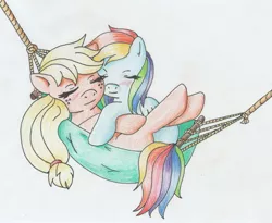 Size: 2621x2153 | Tagged: safe, artist:warumono1989, derpibooru import, applejack, rainbow dash, appledash, female, hammock, lesbian, shipping, sleeping, traditional art