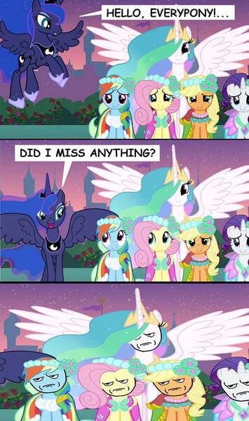 Size: 568x960 | Tagged: a canterlot wedding, applejack, are you fucking kidding me, bridesmaid dress, clothes, comic, derpibooru import, dress, edit, edited screencap, fluttershy, flying, luna is friggen useless, meme, open mouth, princess celestia, princess luna, rage face, rainbow dash, rarity, safe, screencap, screencap comic, smiling, spread wings, wings